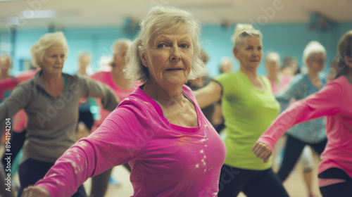 A group of older men and women enjoy dance aerobics in a gym.