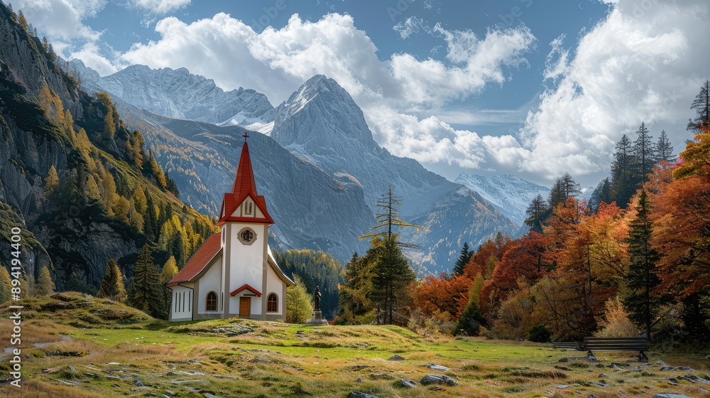 Idyllic Church Nestled in Autumn Valley Surrounded by Majestic Mountains Idyllic Church Nestled in Autumn Valley Surrounded by Majestic Mountains