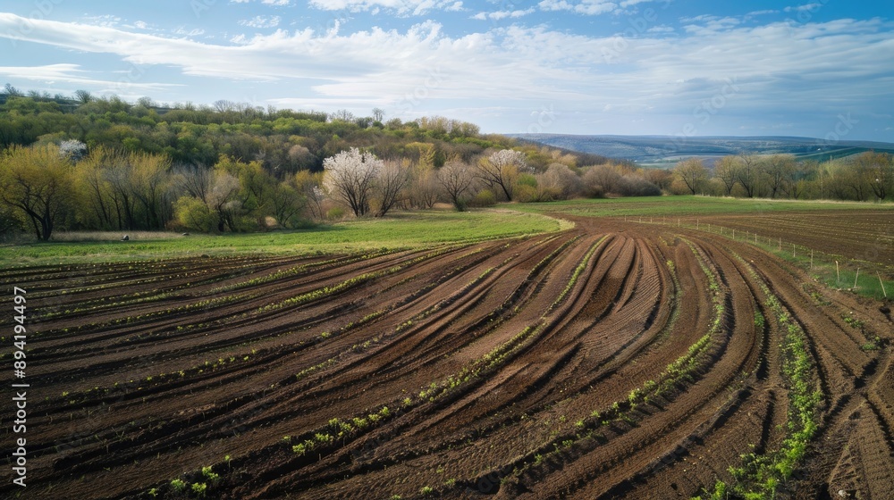 Land prepared for spring farming near the orchard Land prepared for spring farming near the orchard