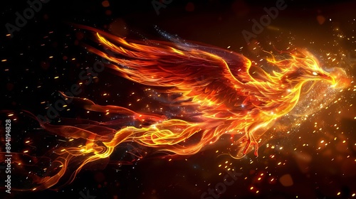 A depiction of a mythical phoenix soaring through the night sky its fiery form illuminated by sparks