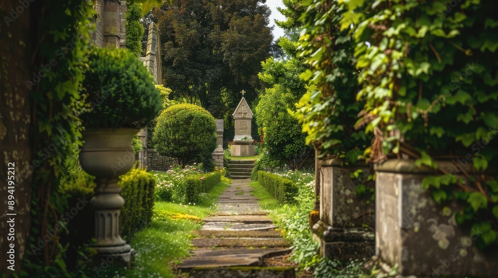 Tranquil Pathway Through a Green Cemetery Landscape Tranquil Pathway Through a Green Cemetery Landscape