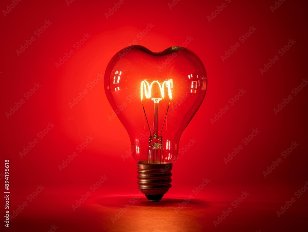 Light bulb with a heart shape glowing filament on a red background, Valentine day concept - ai Light bulb with a heart shape glowing filament on a red background, Valentine day concept - ai