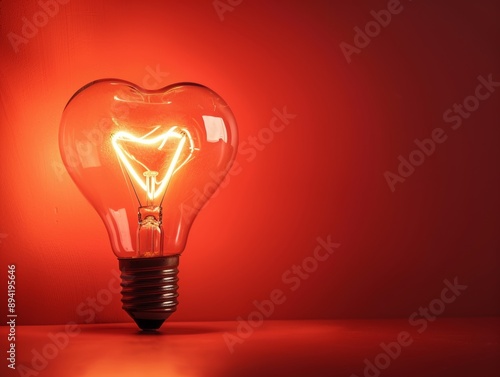Light bulb with a heart shape glowing filament on a red background, Valentine day concept - ai
