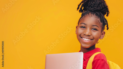 A happy young girl smiles while holding her laptop against a yellow backdrop.