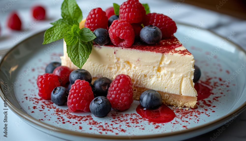 Delicious Fresh Berry Cheesecake Cake Pastry Dessert on White Plate Delicious Fresh Berry Cheesecake Cake Pastry Dessert on White Plate