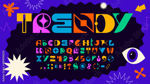 Modern brutal font or geometric Swiss type with Y2K typeface, vector English alphabet letters. Abstract brutal font or ABC typeface with Y2K Swiss style creative typography in retro brutalism script