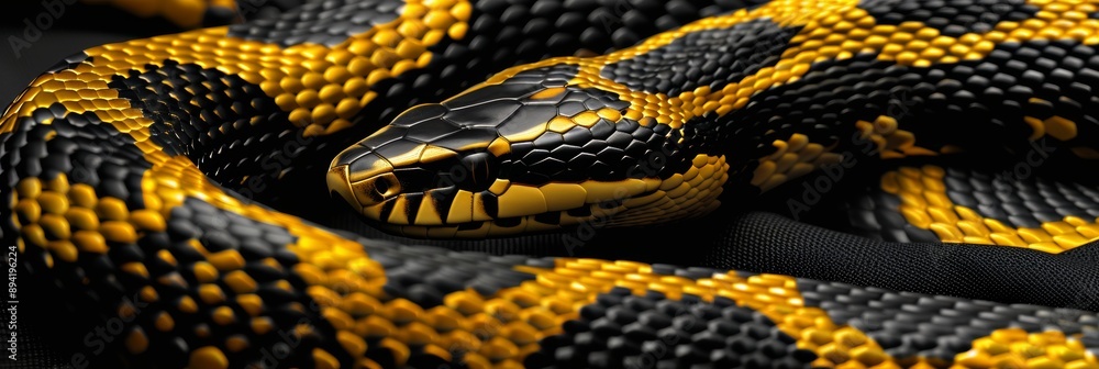 Close Up of a Vibrant Yellow and Black Snake, Showcasing its Intricate Scales and Striking Patterns Close Up of a Vibrant Yellow and Black Snake, Showcasing its Intricate Scales and Striking Patterns