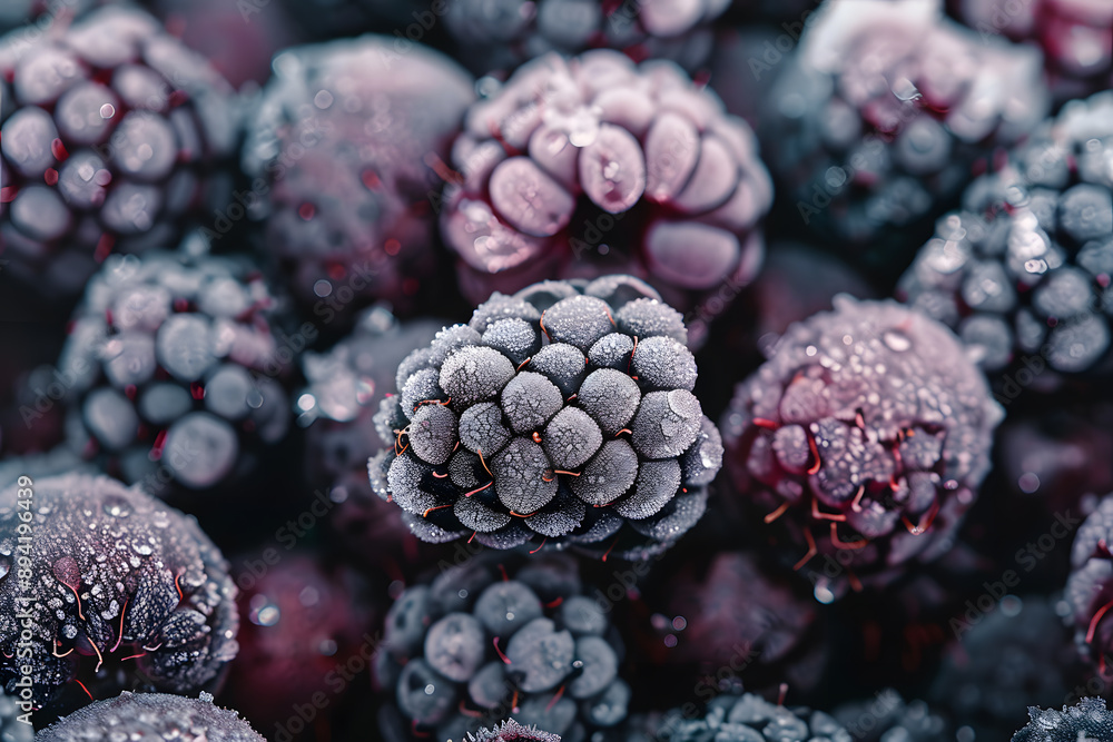 Vertical closeup of frozen blackberries showcasing intricate textures, frosty crystals, and deep purple color Vertical closeup of frozen blackberries showcasing intricate textures, frosty crystals, and deep purple color