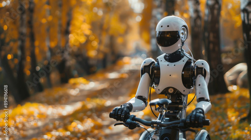 A humanoid robot enjoys a bike ride in the fall. It can feel and think like a human, showing how far technology has come in artificial intelligence.