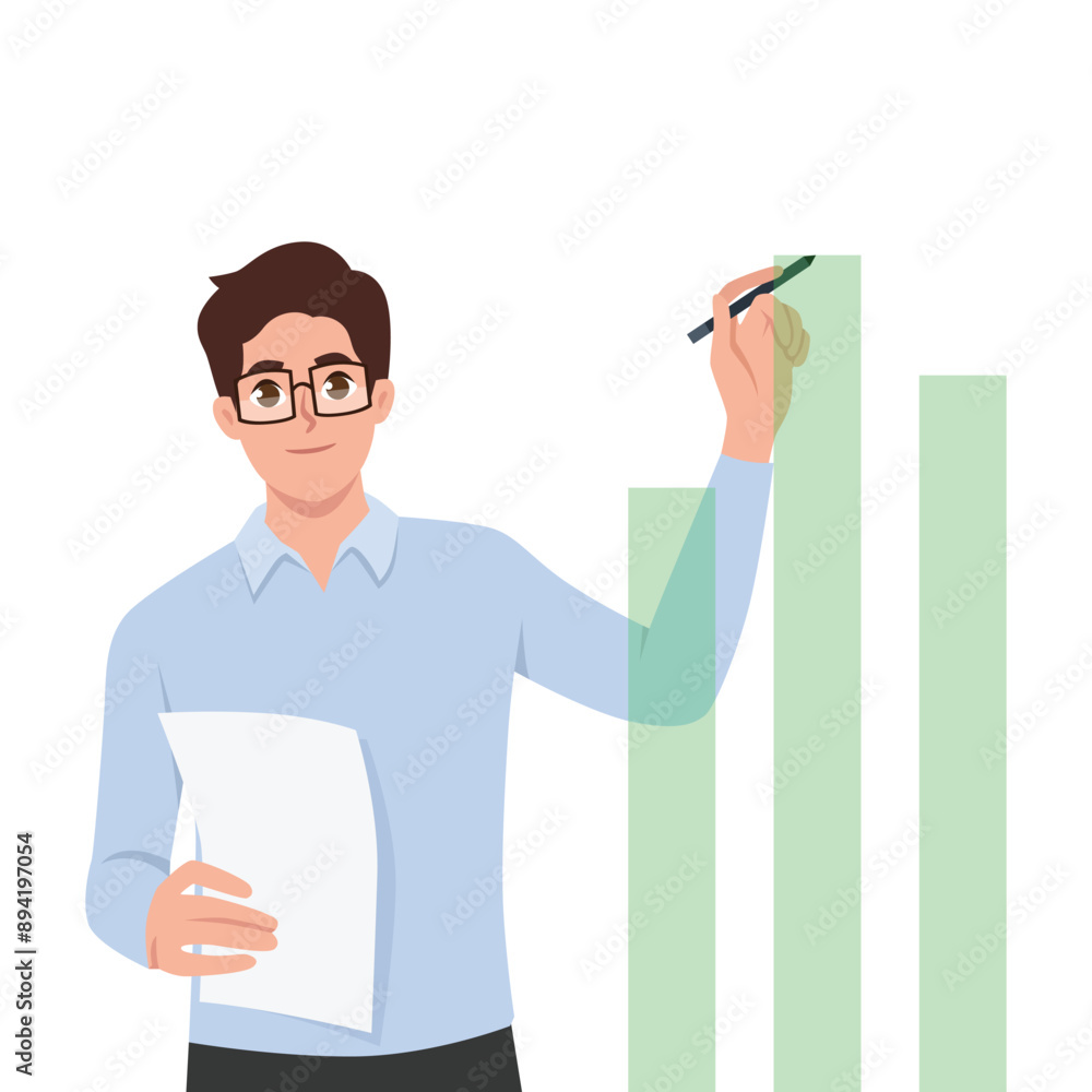 Businessman analyzing growth from company investment. Flat vector illustration isolated on white background Businessman analyzing growth from company investment. Flat vector illustration isolated on white background