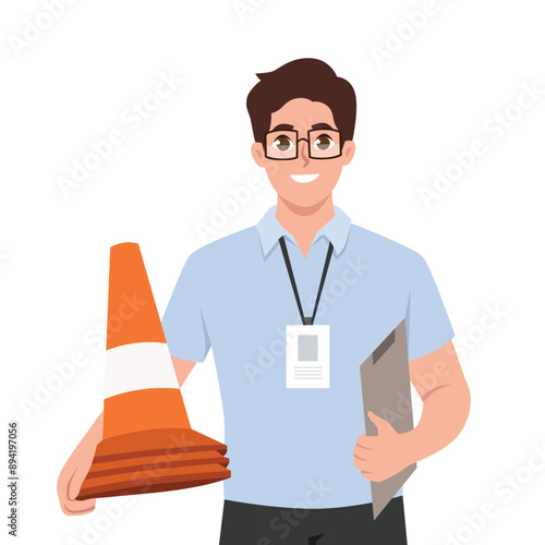 Man instructor from driving school smiles and holds traffic cones. Flat vector illustration isolated on white background