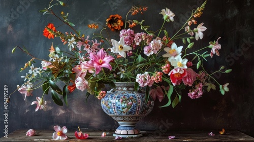 Vase with pink Ruellia tuberosa and various flowering plants photo