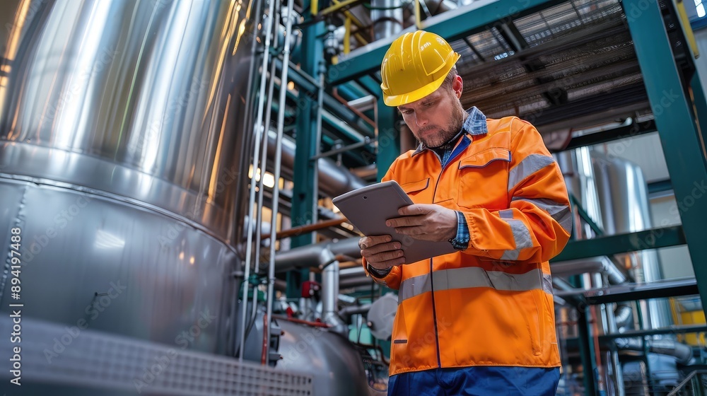Fototapeta premium Industrial Worker Using Tablet in Manufacturing Plant