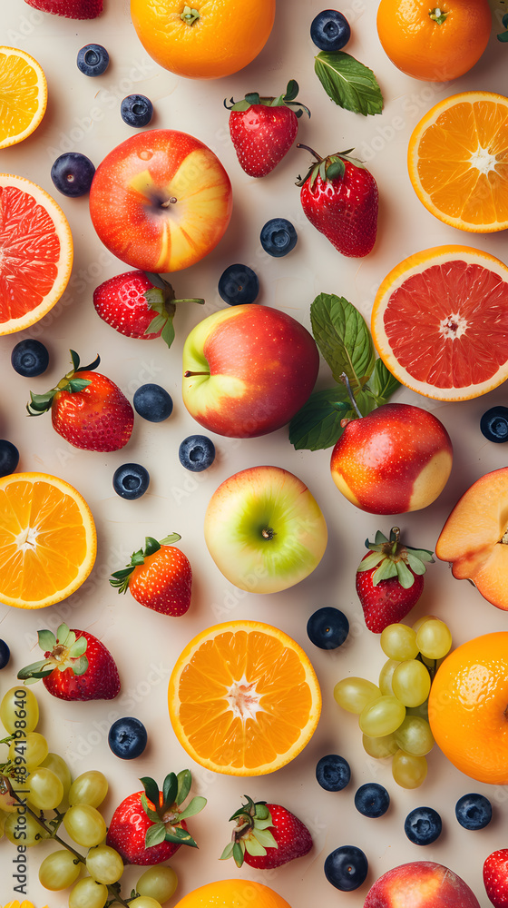 Naklejka premium Assorted vibrant fruits pattern overhead view on soft neutral background flat lay