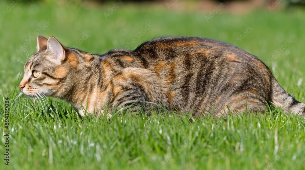 A focused tabby cat with distinctive fur pattern stalking prey in a lush green grassy area on a sunny day