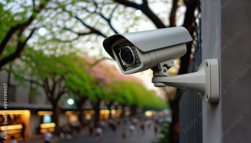 A security camera overlooking a busy street with trees and lights in the background..Concept: Public safety and crime prevention in crowded urban areas. A security camera overlooking a busy street with trees and lights in the background..Concept: Public safety and crime prevention in crowded urban areas.