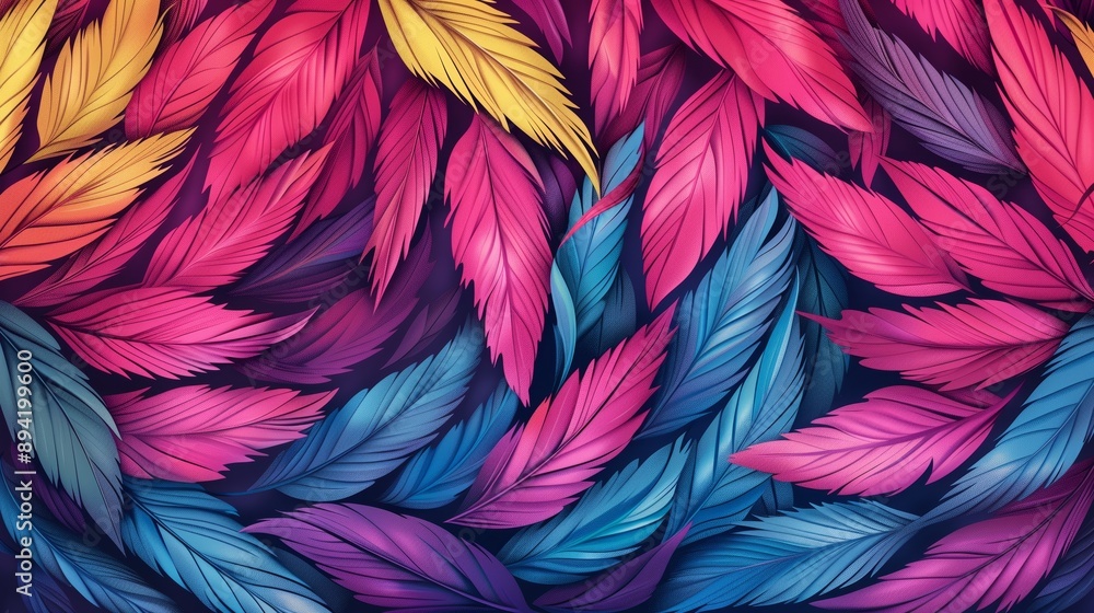 Vibrant feather pattern with colorful pink, blue, and yellow feathers on a dark background, creating a lively and dynamic design perfect for fashion, decor, or artistic themes Vibrant feather pattern with colorful pink, blue, and yellow feathers on a dark background, creating a lively and dynamic design perfect for fashion, decor, or artistic themes