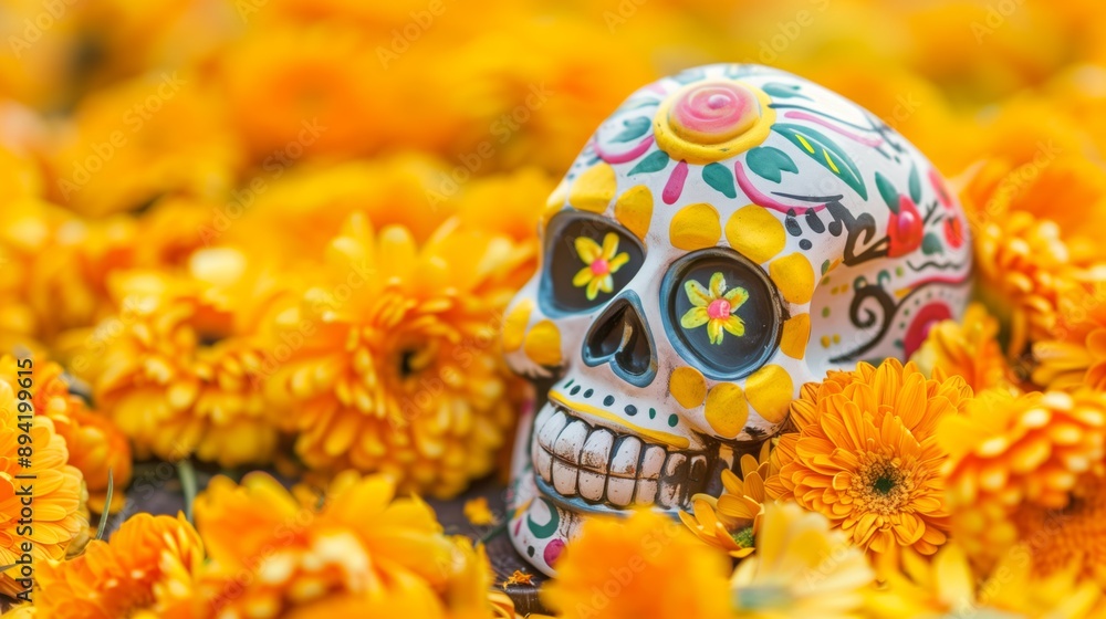 Vibrant skull with traditional Day of the Dead decorations surrounded by bright marigolds, symbolizing remembrance and celebration Vibrant skull with traditional Day of the Dead decorations surrounded by bright marigolds, symbolizing remembrance and celebration