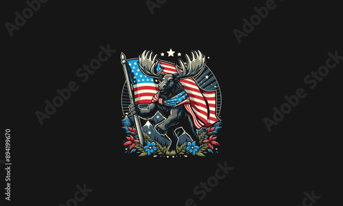 cartoon moose hold flag american vector mascot design