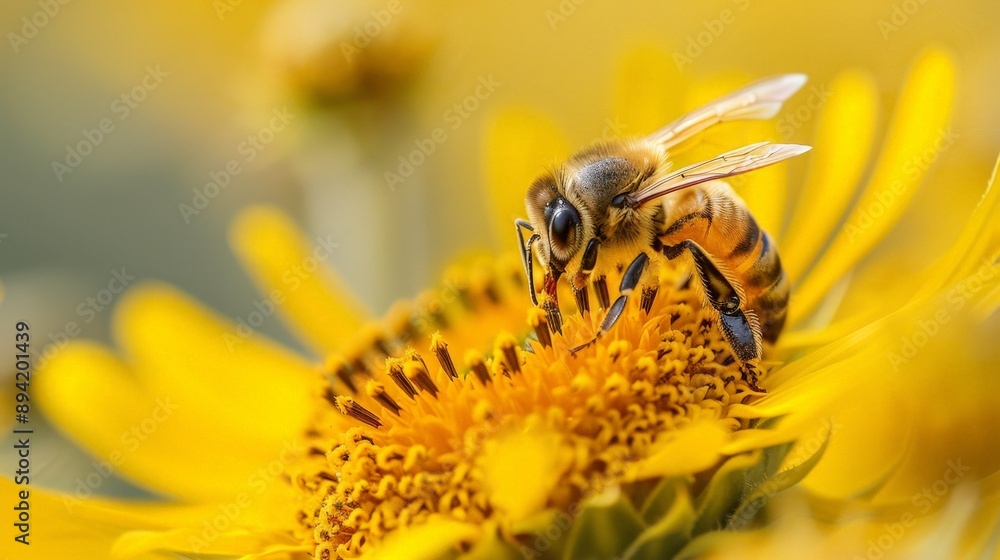 Close-up of a yellow sunflower with a bee collecting nectar Close-up of a yellow sunflower with a bee collecting nectar