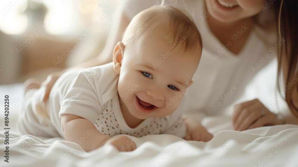 A mother's hands gently massaging her baby's tummy. A mother's hands gently massaging her baby's tummy.