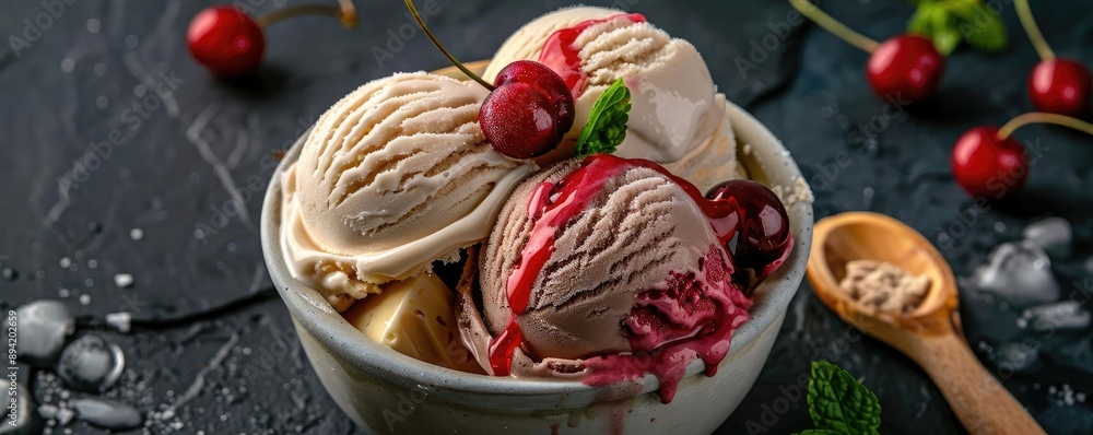 Delicious ice cream scoops in a bowl adorned with fresh cherries and mint leaves, perfect for a dessert or summer treat. Delicious ice cream scoops in a bowl adorned with fresh cherries and mint leaves, perfect for a dessert or summer treat.