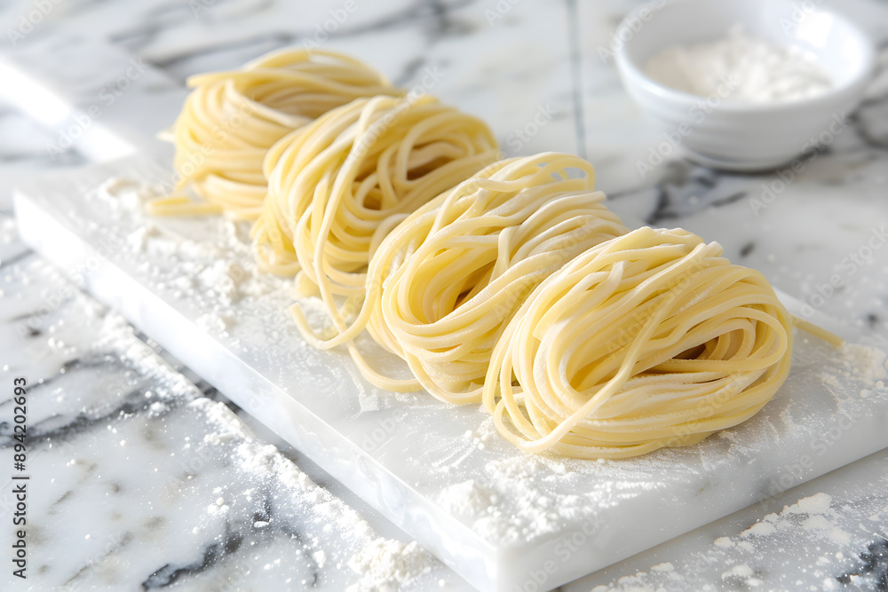 Artisanal fresh homemade noodles on a white marble board with flour, highlighting rustic texture Artisanal fresh homemade noodles on a white marble board with flour, highlighting rustic texture