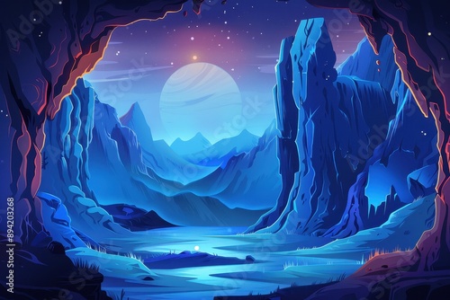 Mystical blue alien landscape with glowing moon and mountains