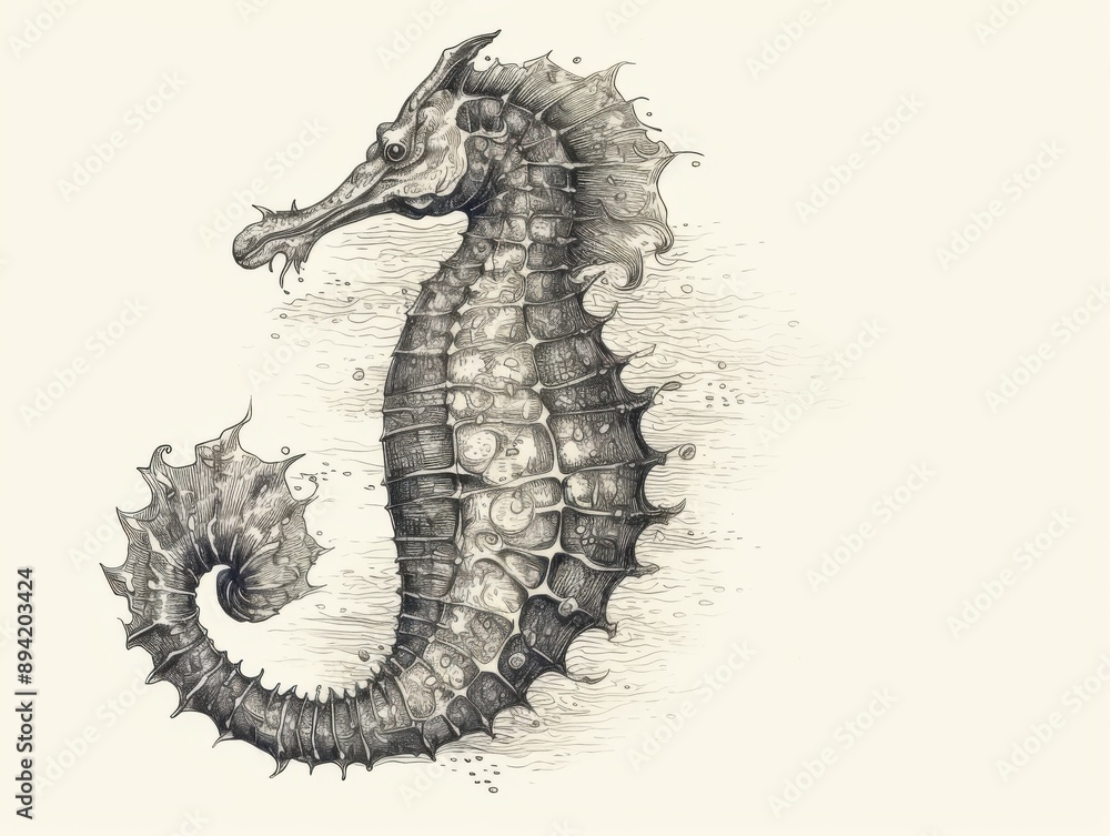 Fototapeta premium Black and white Vintage engraved art of a seahorse isolated on white background, ink sketch illustration, simple vector art design, highly detailed line art, high contrasty 