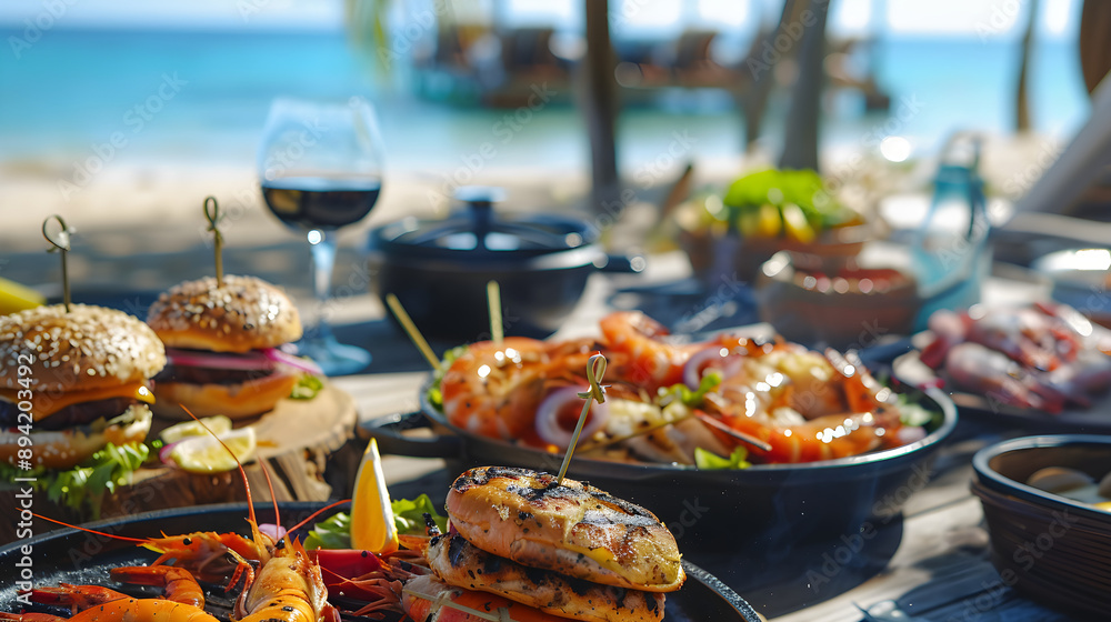 Summertime feast by the ocean: sizzling seafood and juicy burgers grilling at the beach. Summertime feast by the ocean: sizzling seafood and juicy burgers grilling at the beach.