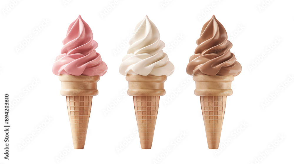 Collection Of Assorted Ice Cream Cones Vanilla Chocolate And Strawberry For Dessert Ads And Promotions isolated on transparent background. Generative ai Collection Of Assorted Ice Cream Cones Vanilla Chocolate And Strawberry For Dessert Ads And Promotions isolated on transparent background. Generative ai