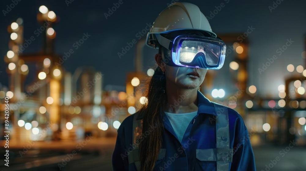 Female Engineer Wearing Virtual Reality Glasses in Oil industrial plant at night Female Engineer Wearing Virtual Reality Glasses in Oil industrial plant at night