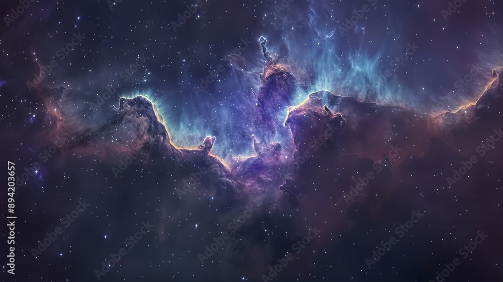 Fototapeta premium Majestic Nebula in Deep Space Cosmos with Vibrant Colors and Starry Background Design for Poster, Print, Card