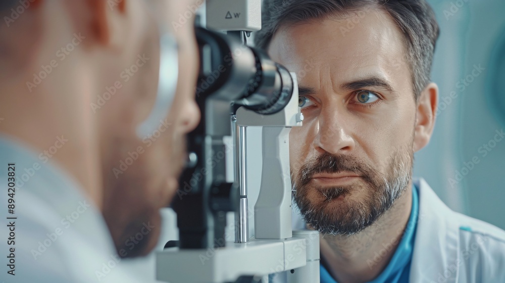 A charming male eye specialist is examining the eyesight of a good-looking middle-aged man in a contemporary medical facility. Doctor and patient during vision evaluation at an ophthalmic clinic. A charming male eye specialist is examining the eyesight of a good-looking middle-aged man in a contemporary medical facility. Doctor and patient during vision evaluation at an ophthalmic clinic.