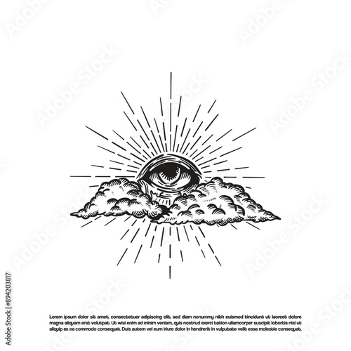 Vintage retro hand drawn all seeing eyes vector art, Shining eyes in the sky illustration