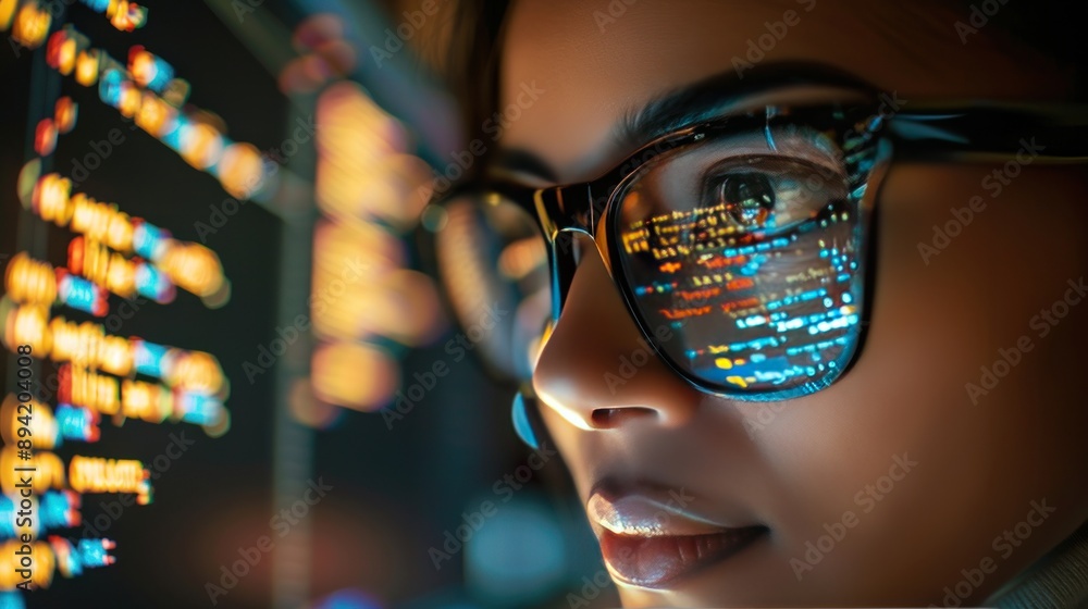 Female engineer on computer as code light from computer reflects off glasses Female engineer on computer as code light from computer reflects off glasses
