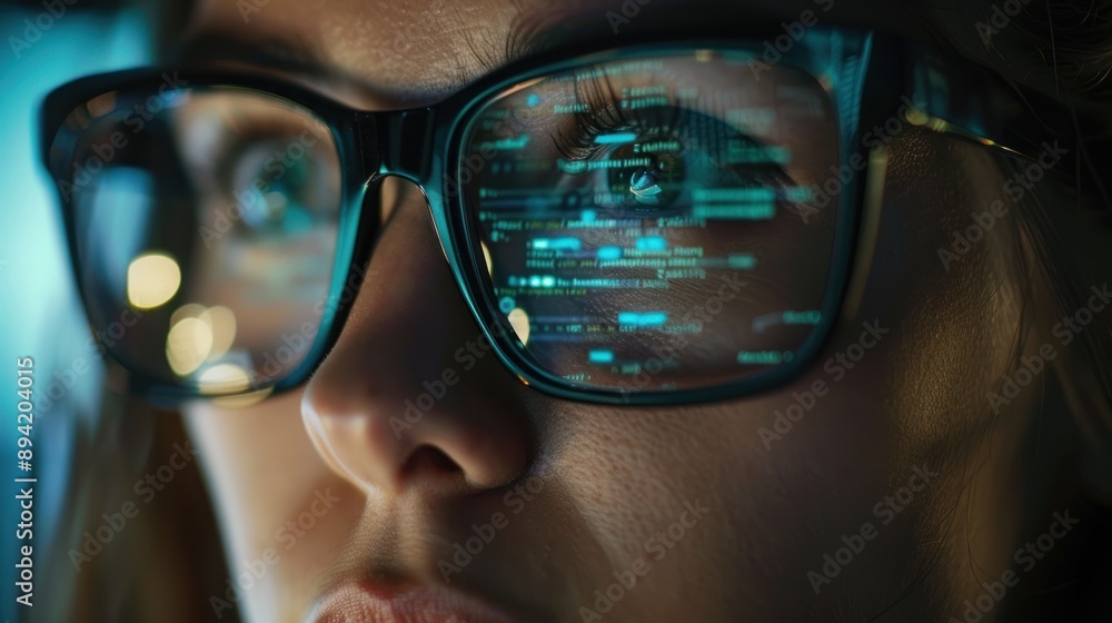 Female engineer on computer as code light from computer reflects off glasses Female engineer on computer as code light from computer reflects off glasses