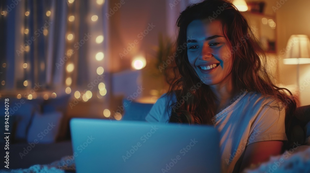 Young woman celebrates success while using laptop at home Young woman celebrates success while using laptop at home