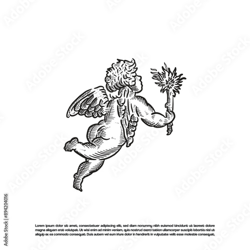 Vintage hand drawn baby angel holding torch light vector illustration