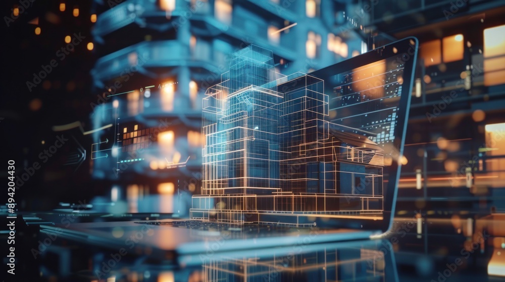 Building construction on laptop computer on blurred background of futuristic building Building construction on laptop computer on blurred background of futuristic building