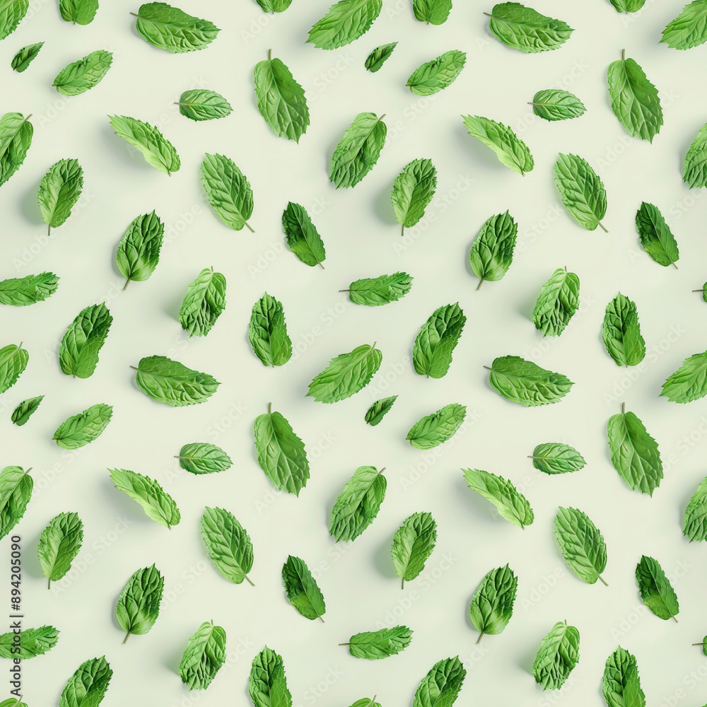 Seamless pattern of fresh green mint leaves evenly scattered on a light background Seamless pattern of fresh green mint leaves evenly scattered on a light background