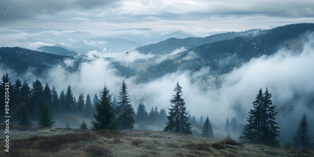 Fototapeta premium Misty mountain scenery. Carpathian range in Ukraine.