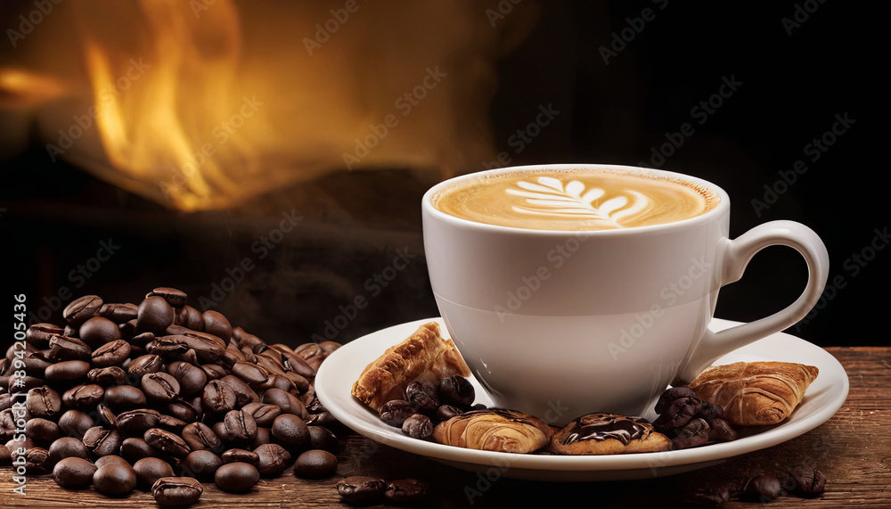A white cup of coffee with a latte art design sits on a saucer with cookies and coffee beans. A blurry fireplace with flames is visible in the background A white cup of coffee with a latte art design sits on a saucer with cookies and coffee beans. A blurry fireplace with flames is visible in the background