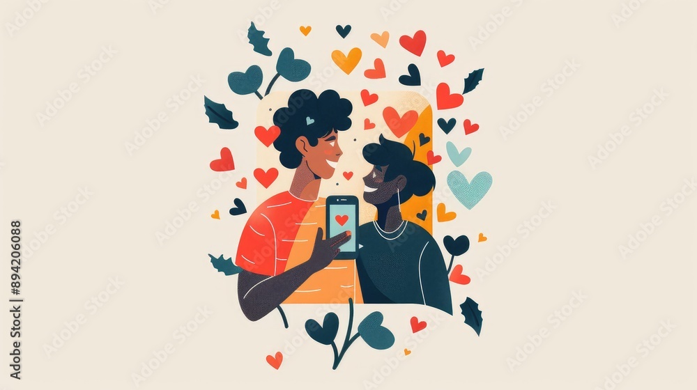 Romantic Couple Taking Selfie Surrounded by Hearts Romantic Couple Taking Selfie Surrounded by Hearts