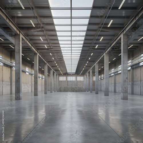 An empty warehouse with large windows and a spacious interior.