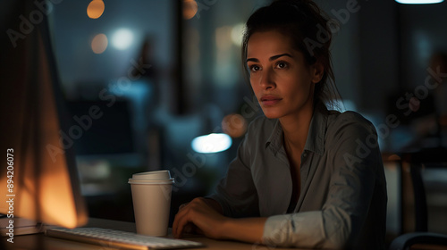 Portrait of tired businesswoman working late at night, focused on computer screen