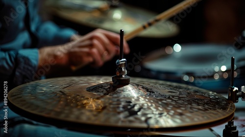 A musician performing live with percussion instruments and drumsticks in a studio or at an event. photo