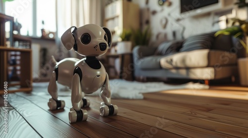 The AIBO robot dog stands up and walks towards the camera in a home environment photo