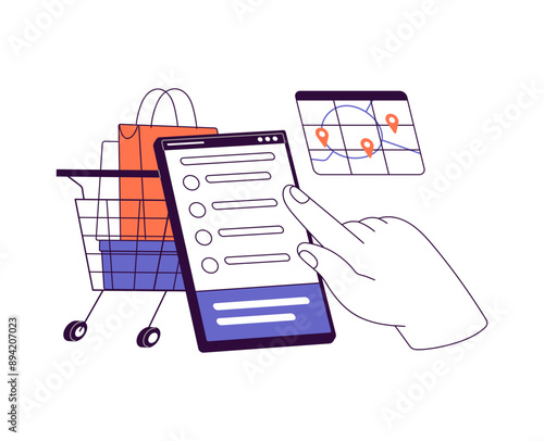 Online shopping, delivery concept. Buying of cart with goods in internet markets. Customer makes orders, purchases in web app with phone. Flat isolated outline vector illustration on white background