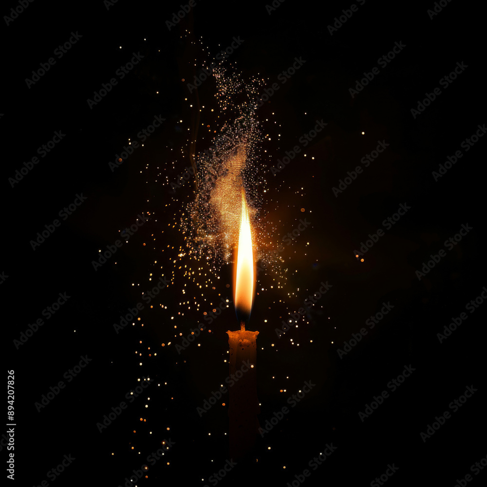A sparkling New Year's candle sits alone against a black background, resembling a fiery Bengal light. A sparkling New Year's candle sits alone against a black background, resembling a fiery Bengal light.